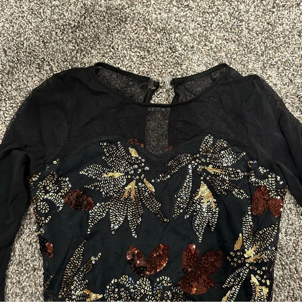 Black Sequin Floral Dance Costume Dress with Gold Accents
